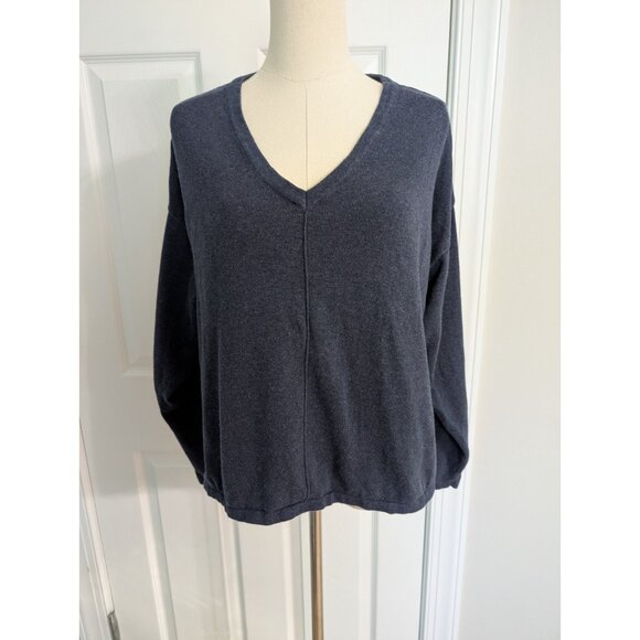Pact Organic Cotton Classic Relaxed V-Neck Sweater Top Navy Blue Sz L - Picture 1 of 9